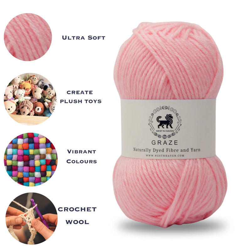 Nestnhaven Acrowools Graze Hand Knitting and Crochet Yarn. Pack of 1 Ball - 100gms. Shade no - NNHG0015 (Baby Pink)