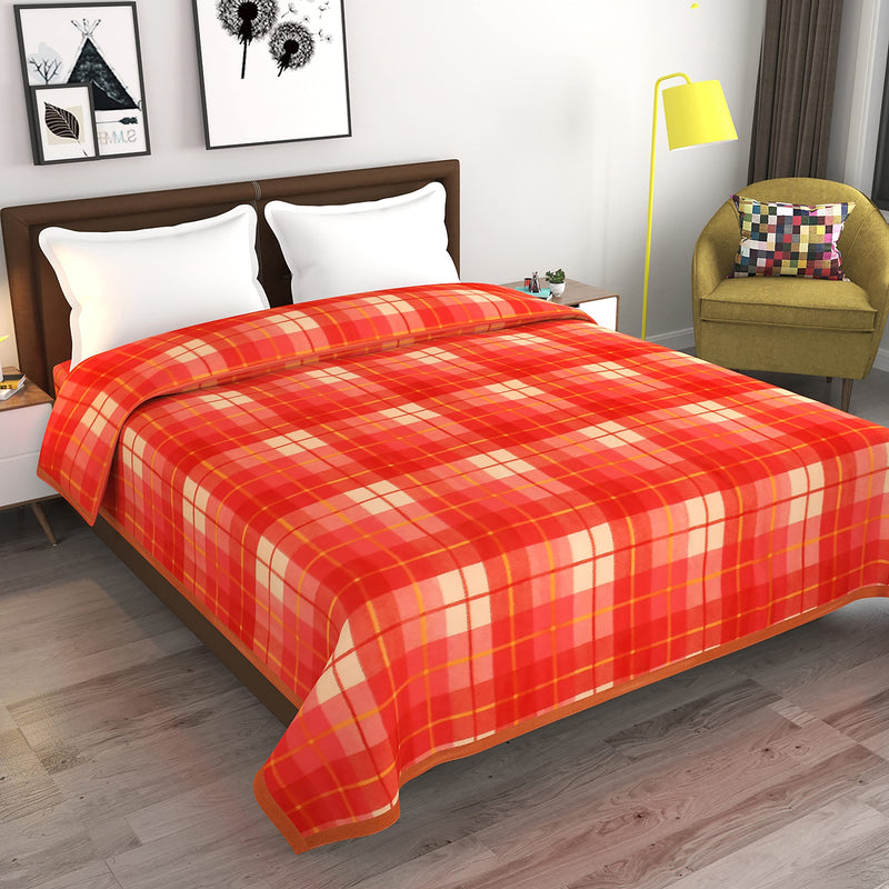 Goyal's Check Double Bed Fleece AC Blanket 90x90 Inch - Orange