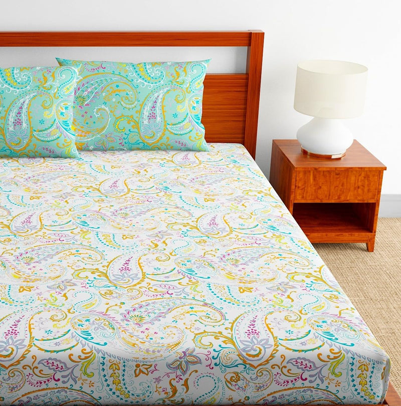 Home Ecstasy 100% Cotton King Fitted Bedsheet with 2 Pillow Covers | 140 TC Paisley Seagreen for King Bed (6ft X 6.5ft)