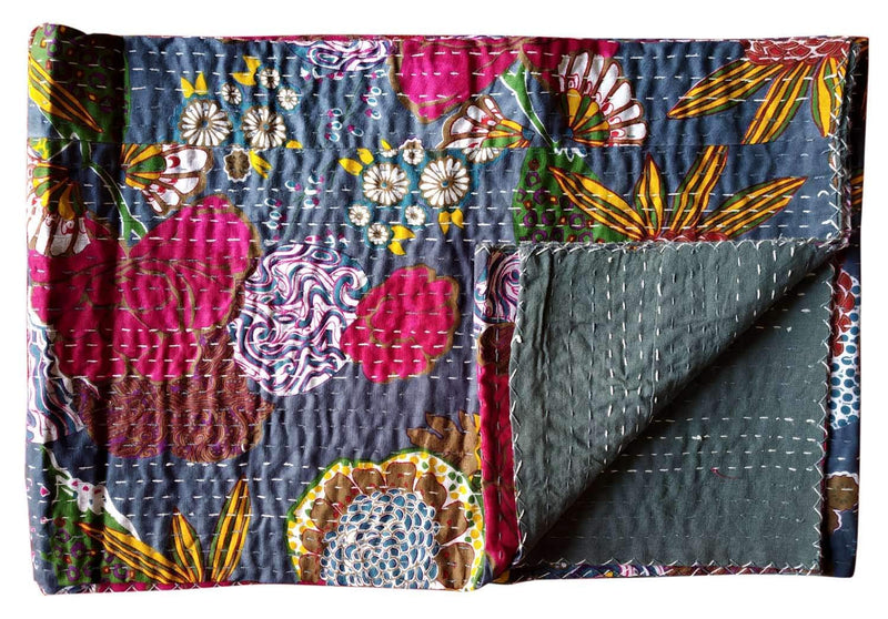 Textile Work Creations Handmade Quilt Cotton Kantha Bed Cover Home Decor (Multicolour, 60x90 Inch)