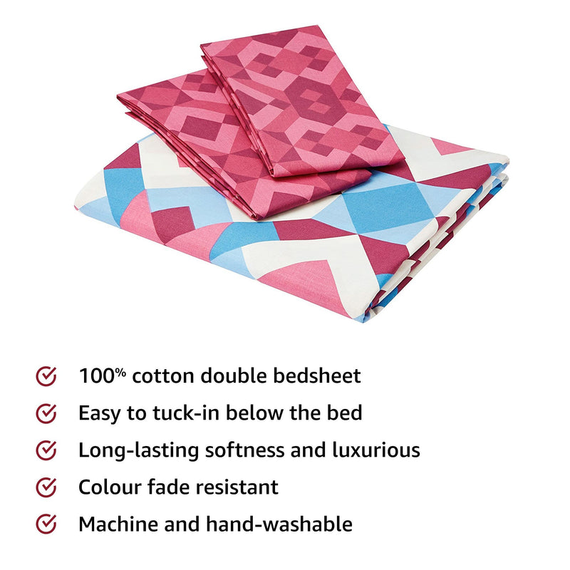 Amazon Brand - Solimo Kaleidoscope Dreams 144 TC 100% Cotton 1 Double Bedsheet with 2 Pillow Covers, Magenta and Blue