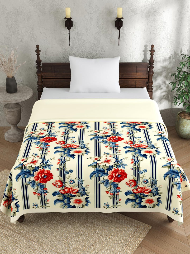 EVER HOME Digital Print Pure Cotton Dohar Single Bed for Summer 120 GSM, Mild Winter AC Blanket, Blue & Red Stripe Floral 59 x 88 inches