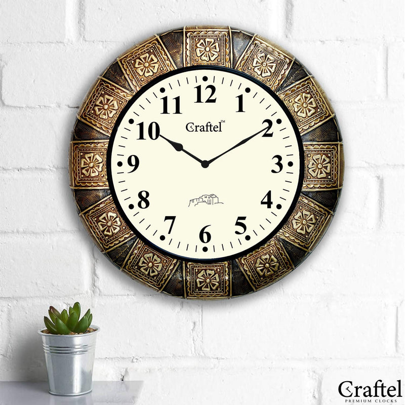 Craftel Brass Embossed Analog Wall Clock Round Decorative Clock for Bedroom Living Room Home and Office (Gold_18 Inch X 18 Inch)