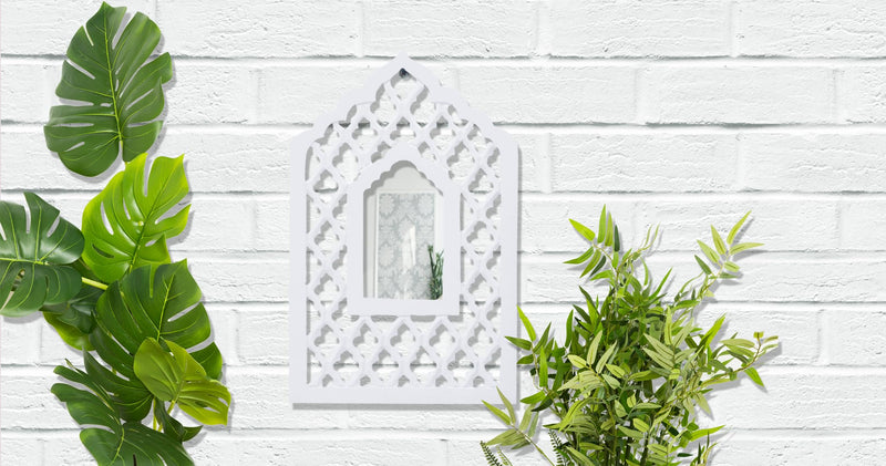 CRAFT N CREATIONS White Painted Wall Hanging Jharokha Inside Mirror, Wooden Wall Hanging, Wooden Wall Panel 16" x 10" Rectangular(Framed) (White)