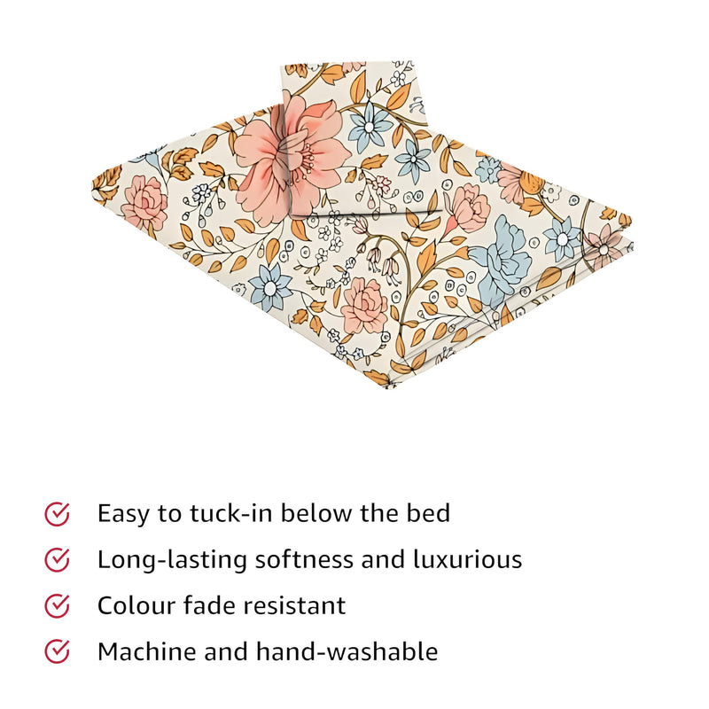 IVAZA Cotton Feel Ezyption Cotton Wrinkle Free Soft Hypoallergenic Bed Sheet | Floral Printed Single Bedsheet Size with 1 Pillow Cover (60x90 Inches Multi Rose Printed