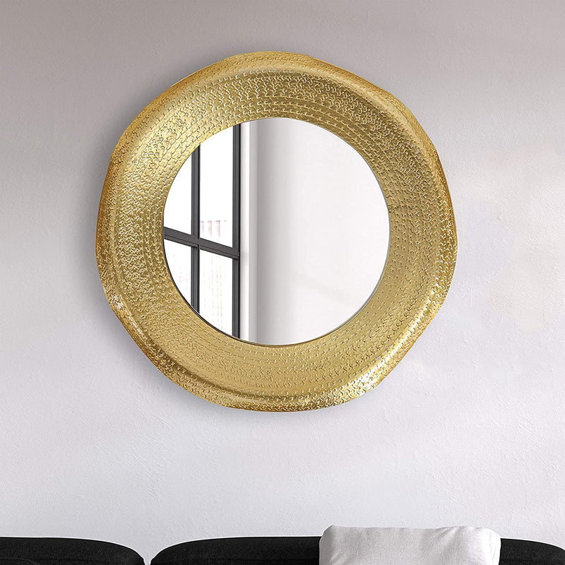 Craft Brio -A TRENDY HANDICRAFTS 20 Inches Gold Organic Hammered Metal Round Shape Wall Decor and Dinning Room Glass Mirror- Gold