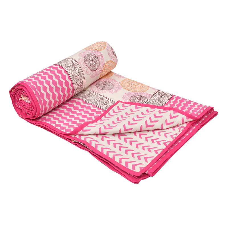 BLOCKS OF INDIA Hand Block Geometric Printed Cotton Reversible Malmal Dohar for Summer (Pink & Orange, Single Size)