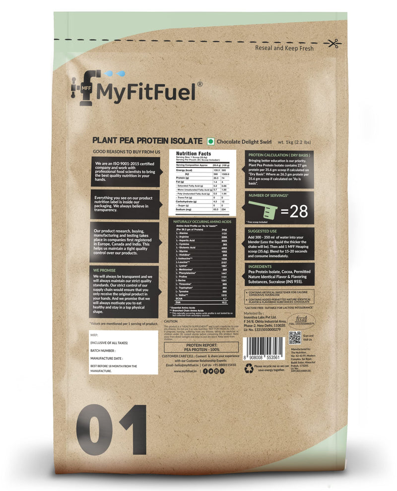 MyFitFuel MFF Plant Pea Protein 1 Kg (2.2 lbs) Chocolate Delight Swirl | Easy to Digest | Vegan Plant Protein Powder