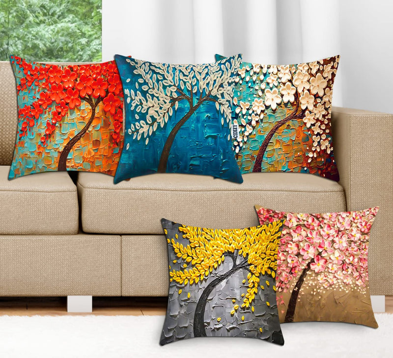 CIDIZY Jute Floral Tree Cushion Covers, 16 x 16 Inch, Multicolour, Set of 5