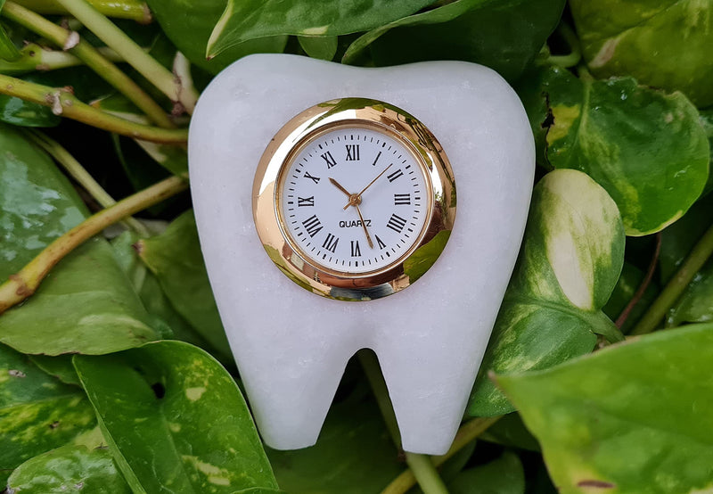 SAUDEEP INDIA Tooth Shape Dentist Desk Marble Table Clock for Decor and Paper Weight, Ideal for Dentists and Doctors- Multicolour