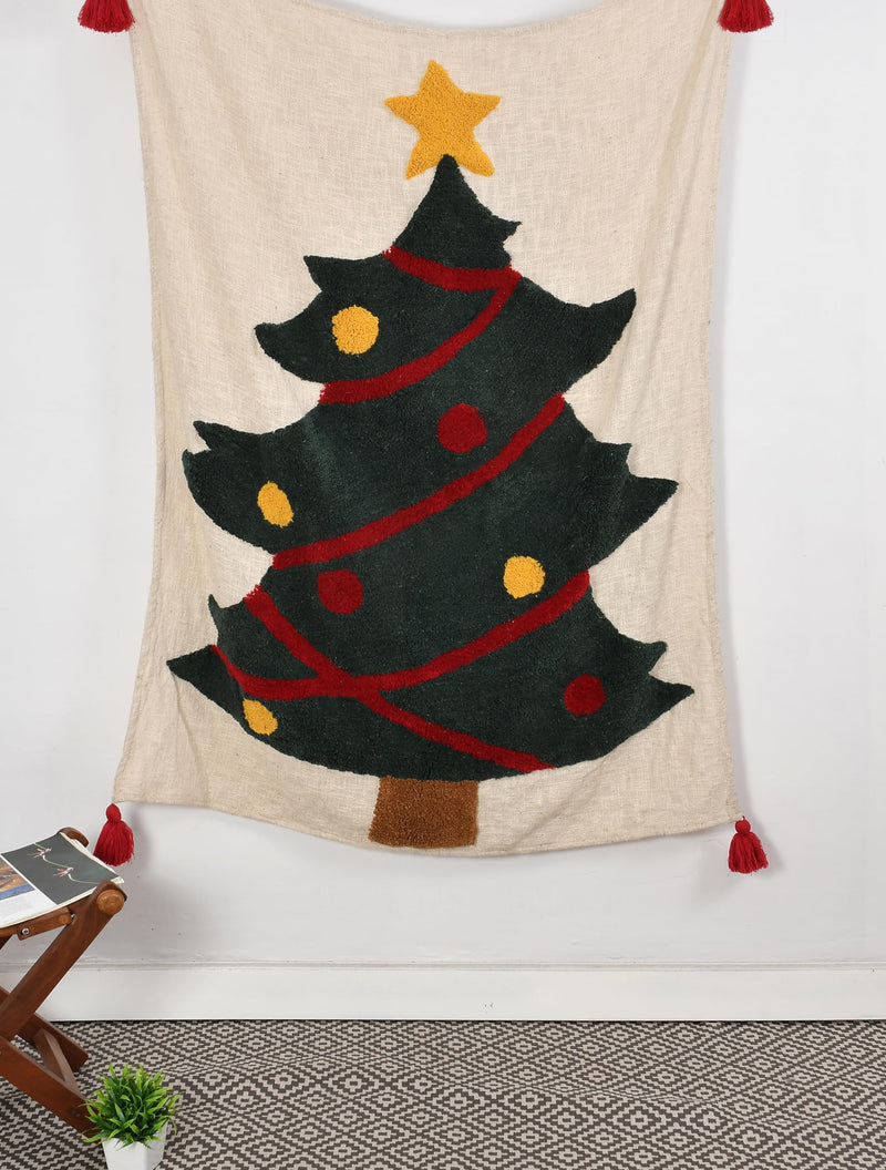 Mansa Enterprises Christmas Tree Christmas Throw Boho Throw Christmas Tufted Blanket Cotton Throw Decorative Christmas Blanket Christmas Deer Throw Blanket Tufted Deer Throw