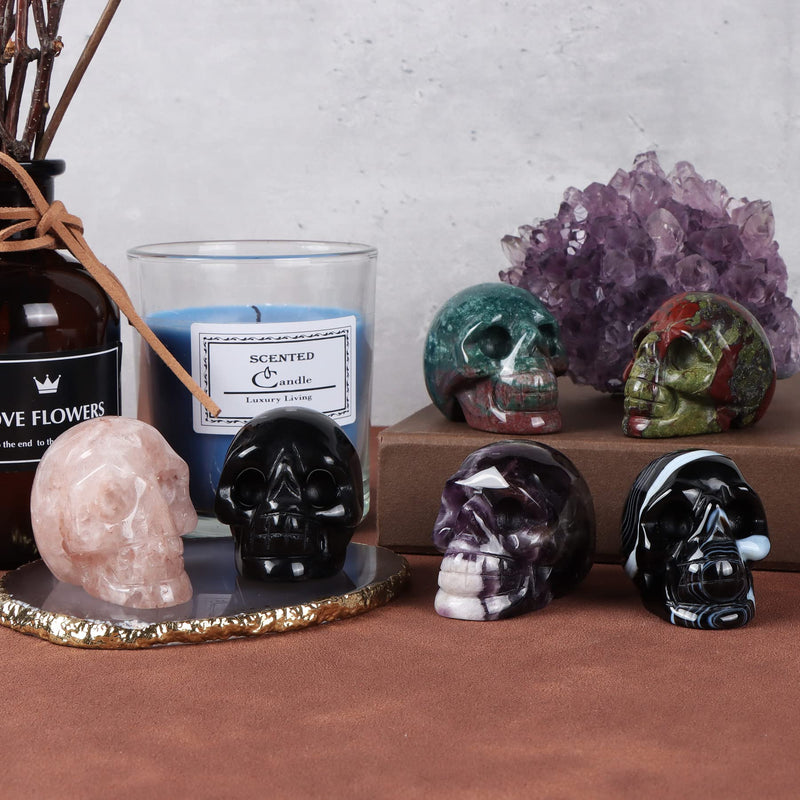 Artistone Crystal Skull Statue 2.0 inch Natural Hand Carved Black Banded Agate Crystal Skull Head Figurines Gemstone Fine Art Skull Sculpture Decoration, Reiki Healing Stone Statue