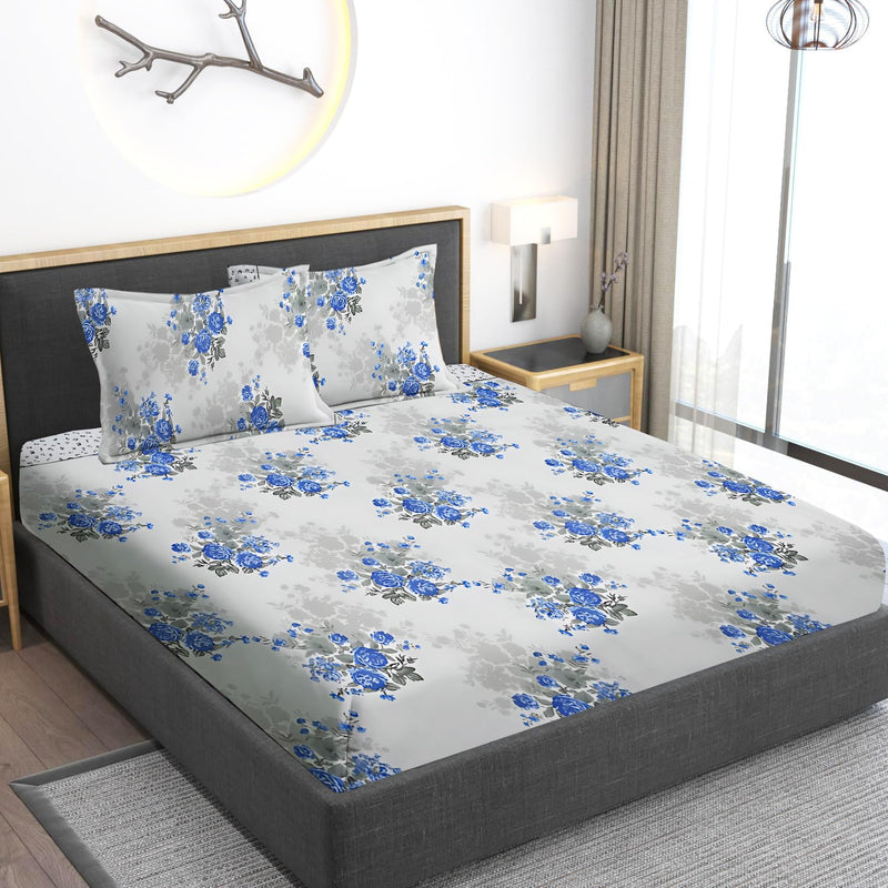 STARNSTYLE Polycotton 220 TC Soft Breathable Wrinklefree Floral Printed Double Bedsheets with 2 Regular Size Pillow Covers White Blue