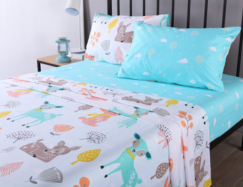 Queen Linens Queen Linens 100% Cotton Sheets Kids Full Sheets for Kids Girls Boys Teens Children Sheets Bed Sheets for Kids Soft Fitted Flat Printed Sheet Pillowcase Bedding Bed Set Animal Deer (Full)