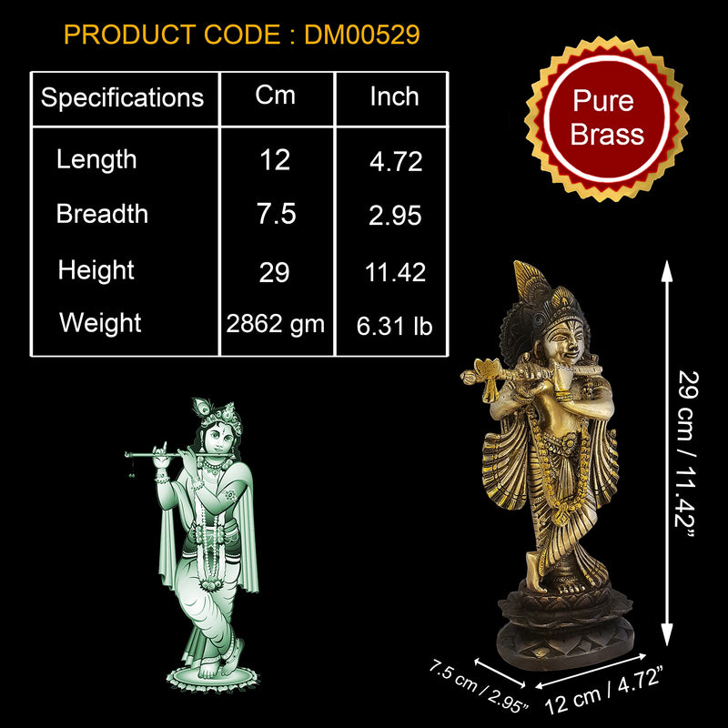 Divya Mantra Krishna Playing Flute Brass Statue Janmashtami Murti Kanha Bansuri Idol Bhagwan Sri Thakur ji Home Decor Mandir God Brass Decorative Showpiece Lord Pooja Beautiful Statues - Brown