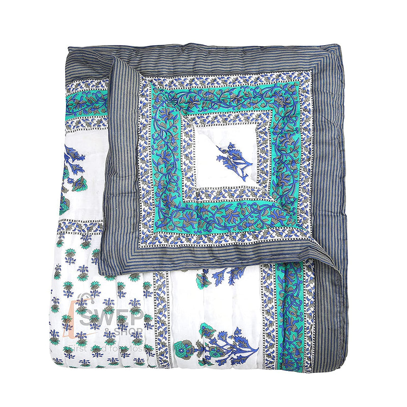 Hopee Shop- 210 TC Cotton Jaipuri Floral Print Double Bed Light Weight Rajasthani Traditional Razai (Blue White, King)