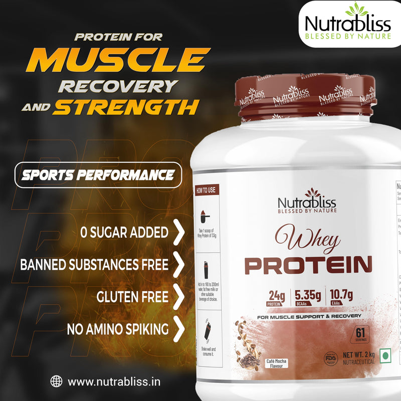 Nutrabliss Premium Pure Whey Protein Concentrated blended with digestive enzymes and probiotics | 100% tested and guaranteed Whey Protein - 24 Gram Protein per serving (Cafe Mocha, 2 Kg)