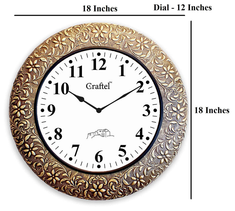 Craftel Brass Embossed Analog Clock Wall Clock Round Classic Clock for Living Room Home and Office (18 x 18 inch, Brown)