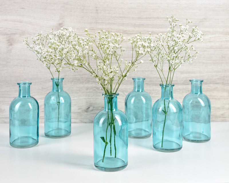 Serene Spaces Living Blue Medicine Bottle Bud Vases, Set of 6 - Semi-Transparent Antique Vases Provide Vintage Style Anywhere, 5.25" Tall
