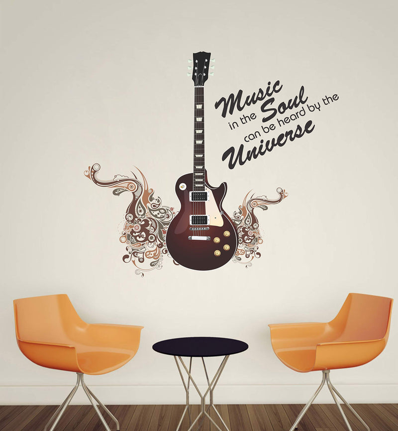 DivineDesigns™ Vinyl Brown Guitar with Quotes Music Soul Universe Wall Sticker for Music Lovers Living Room, Bedroom, Office (22X22 Inch) Pack of 1