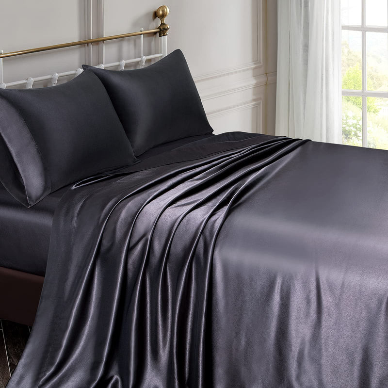 Vonty Satin Sheets Queen Size Silky Soft Satin Bed Sheets Black Satin Sheet Set, 1 Deep Pocket Fitted Sheet + 1 Flat Sheet + 2 Pillowcases