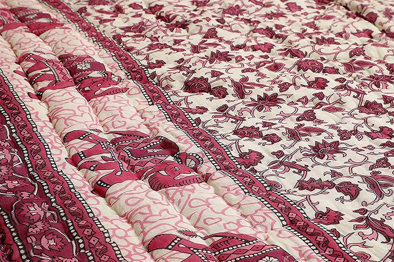 SVT Traditional Famous Rajasthani Print Jaipuri Beautiful Floral Print in White and Pink Jaipuri Rajai/Razai/Quilt King Size/King Size Bed Quilt/Comforter/AC Quilt/AC Comforter