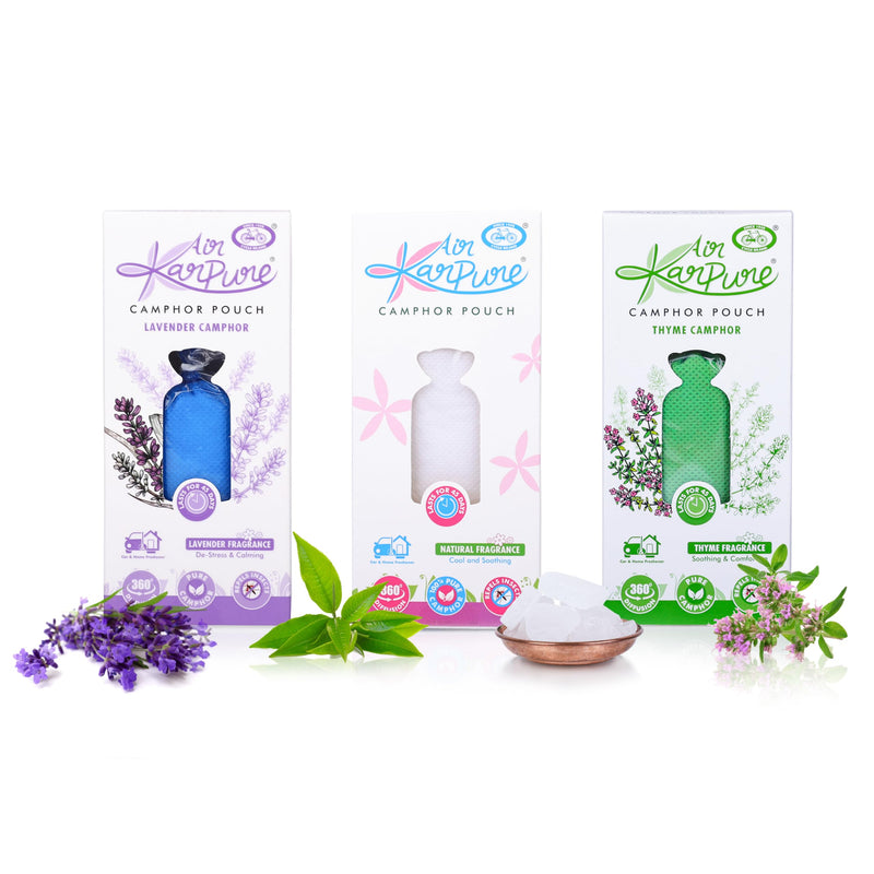 Cycle Pure Karpure Camphor Pouch - Pack of 3 | Lavender, Thyme & Bhimseni Fragrance | Air Freshener for Cars, Wardrobes, Bookshelves, Homes, Offices & Mosquito Repellent | Each Lasts up to 45 Days