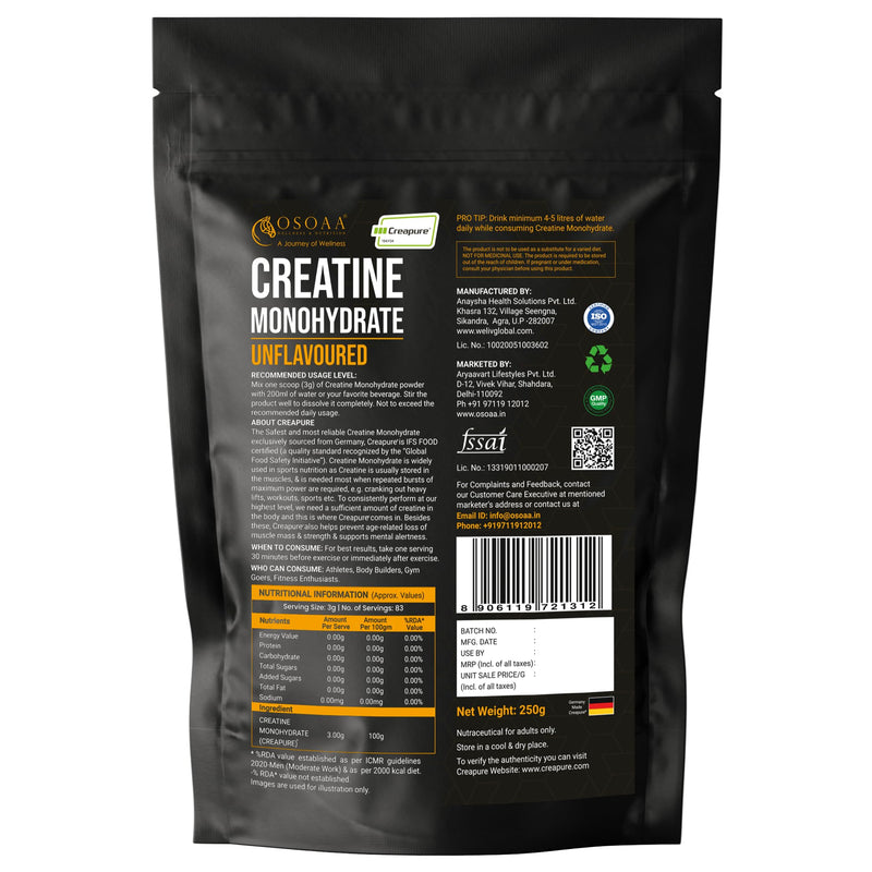 OSOAA Creatine Monohydrate Powder "Creapure" Germany Certified (250 Gm) | Lab Tested & Fssai Approved |Boosts Strength & Athletic Performance | Repair & Recovery| Unflavoured