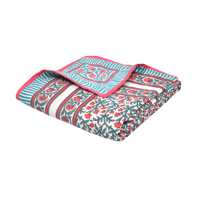 BLOCKS OF INDIA Hand Block Printed Cotton Single Size Reversible Malma Dohar For Summer (Turquoise Pink Jaal, 200 Tc)