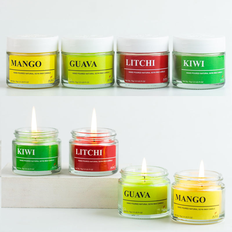 AuraDecor Fragrance Soy Wax Jar Candle || Summer Special || Fruity Fragrance || Soy Wax || Handpoured || Votive Candle || Burning Time 20 Hours Each || Mango, Litchi, Guava, Kiwi (Pack of 8)