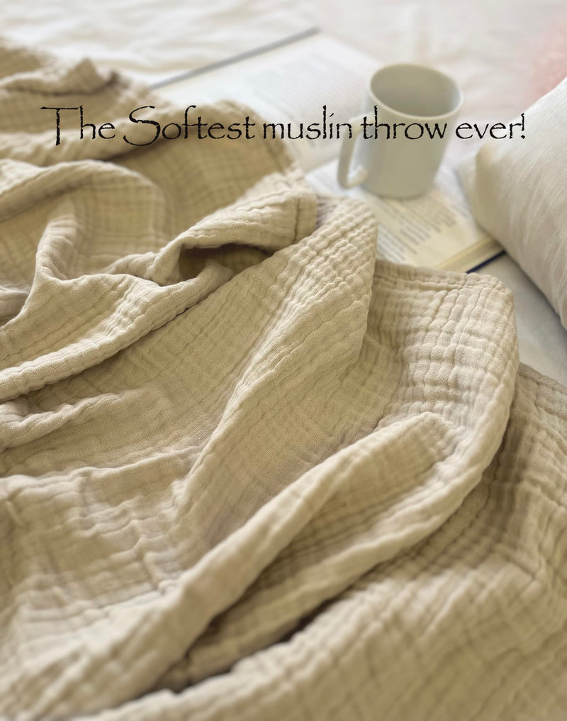 100% Pre-Washed Organic Muslin Cotton Throw Blanket for Adults, Kids, Couch. Super Soft Breathablet, Warm, Cozy, Lightweight Bed Blanket, Everyday Use, All Season (55"x60" inches) (Khakis)