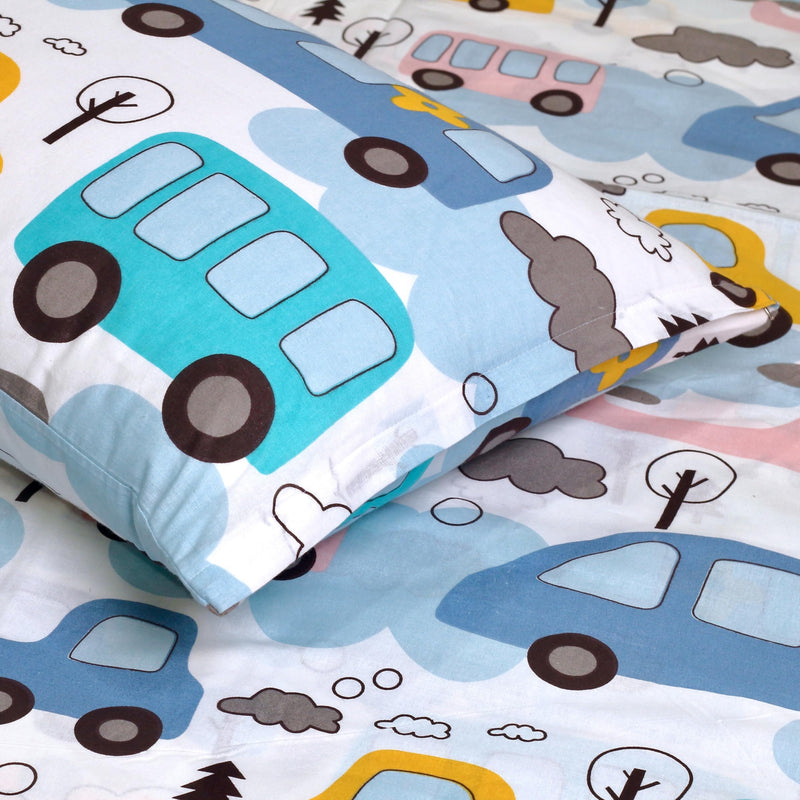 LORETO – A QUALITY LINEN BRAND 100% Cotton Bedsheet for Single Bed, 1 Single Bedsheet with 1 Pillow Cover | 144 TC Kids Single Bedsheet Cotton, Bubblegum Blue Bus & Banana Yellow Cars