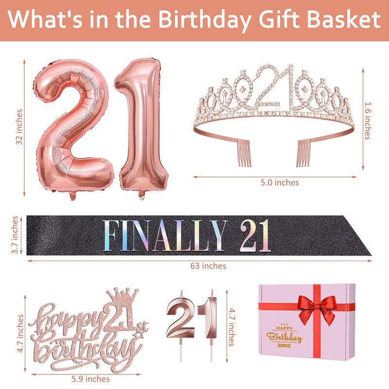 21st Birthday Decorations For Her Black Rose Gold Include Glittery Black Finally 21 Birthday Sash and Tiara Rose Gold, 21 Birthday Cake Topper, Number 21 Birthday Candles, Rose Gold 21 Balloons