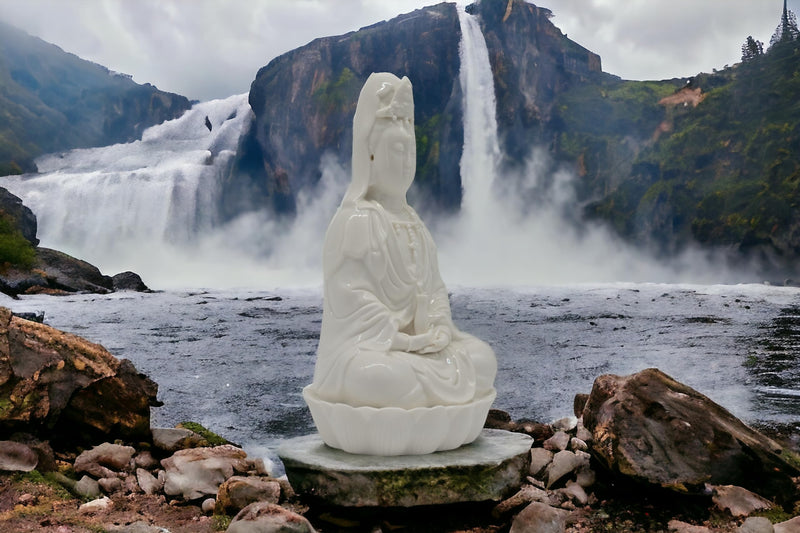 8.5" Fine Porcelain Ceramic Quan Yin Buddha Sitting on a Lotus Statue, Guanyin, Kwan Yin, Kuanyin, Goddess of Mercy, Dehua