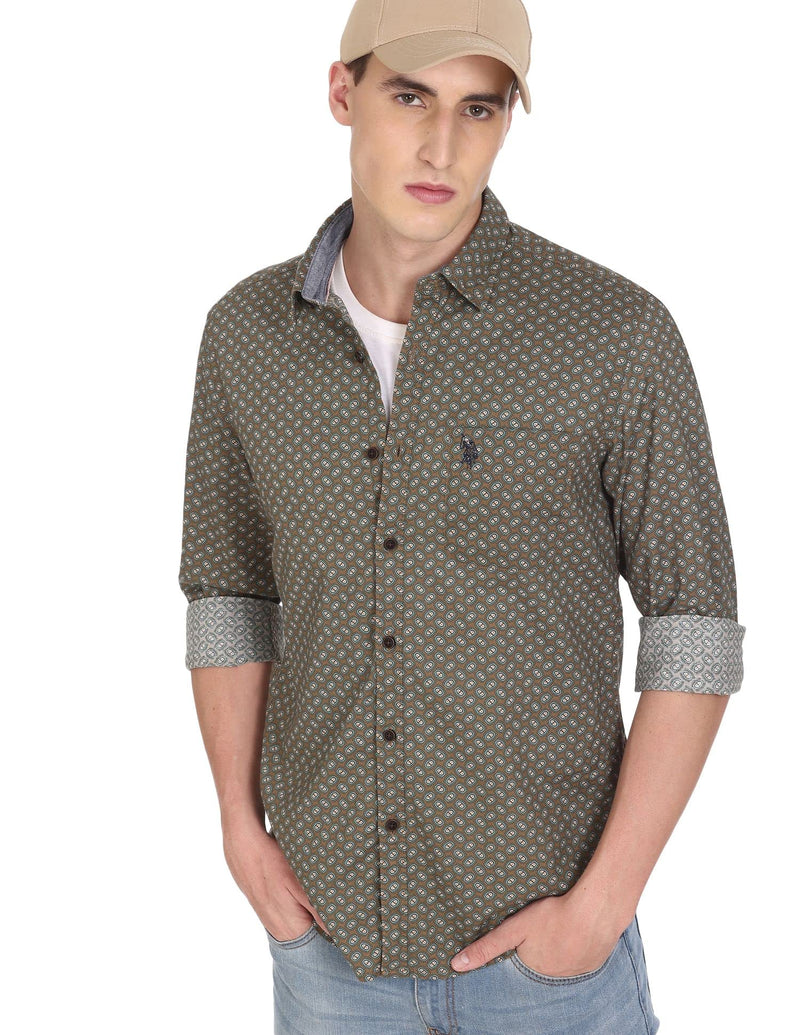 U.S. POLO ASSN. Men's Printed Slim Fit Shirt (UDSHT0427_Ochre L)