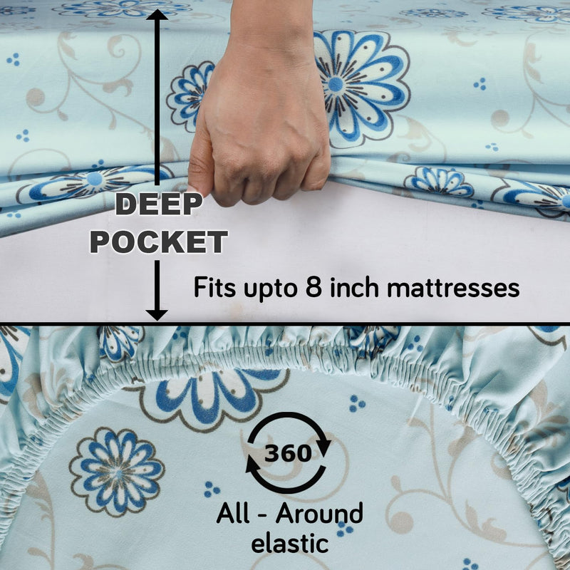 HOKIPO Cotton Feel Brushed Microfiber 145 GSM Printed Elastic Queen Size Fitted Bedsheet, 78x60 inches with 2 Pillow Cover, Floral Scroll Blissful Blue (IN-775-D7)