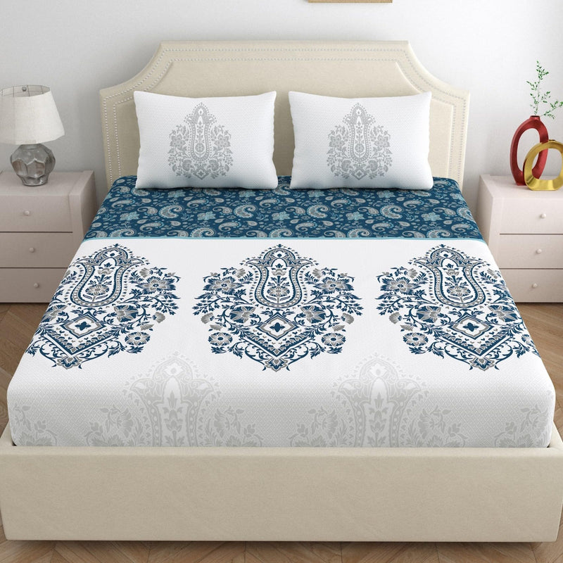 Dreamscape 100% Cotton Satin Double Bedsheet with 2 Pillow Covers | 200 TC Ethnic Blue for Double Bed (7.5ft X 8.2ft)