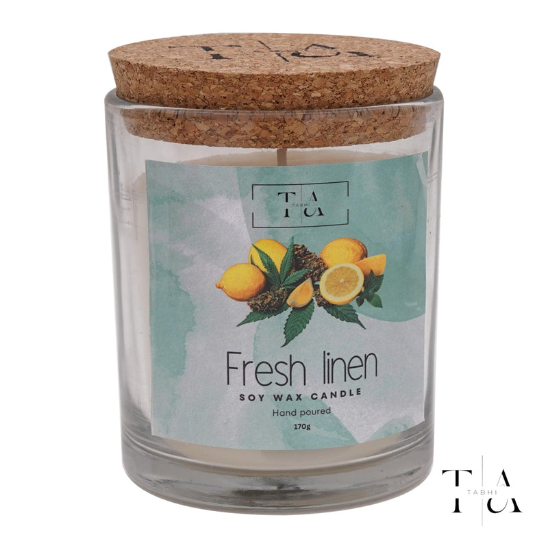 TABHI Scented Candles Soy Wax in Glass Jar & Cork Lid, Premium Scented Candle for Home, 40 Hours of Burn Time, Scented Candles for Bedroom,(Freshlinen)