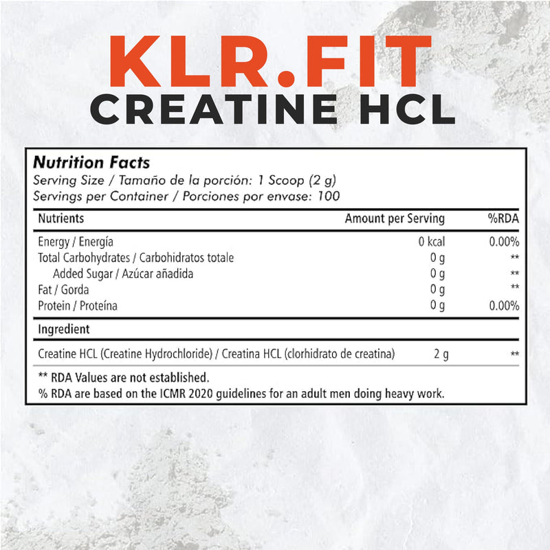 Klr.Fit's Creatine HCL | Scientifically Formulated & Pharmaceutical Grade for Muscle Growth | Improves Exercise Performance & Reduces Fatigue | Gluten Free & Easy to Absorb | 2g Per Serving | 200 GM