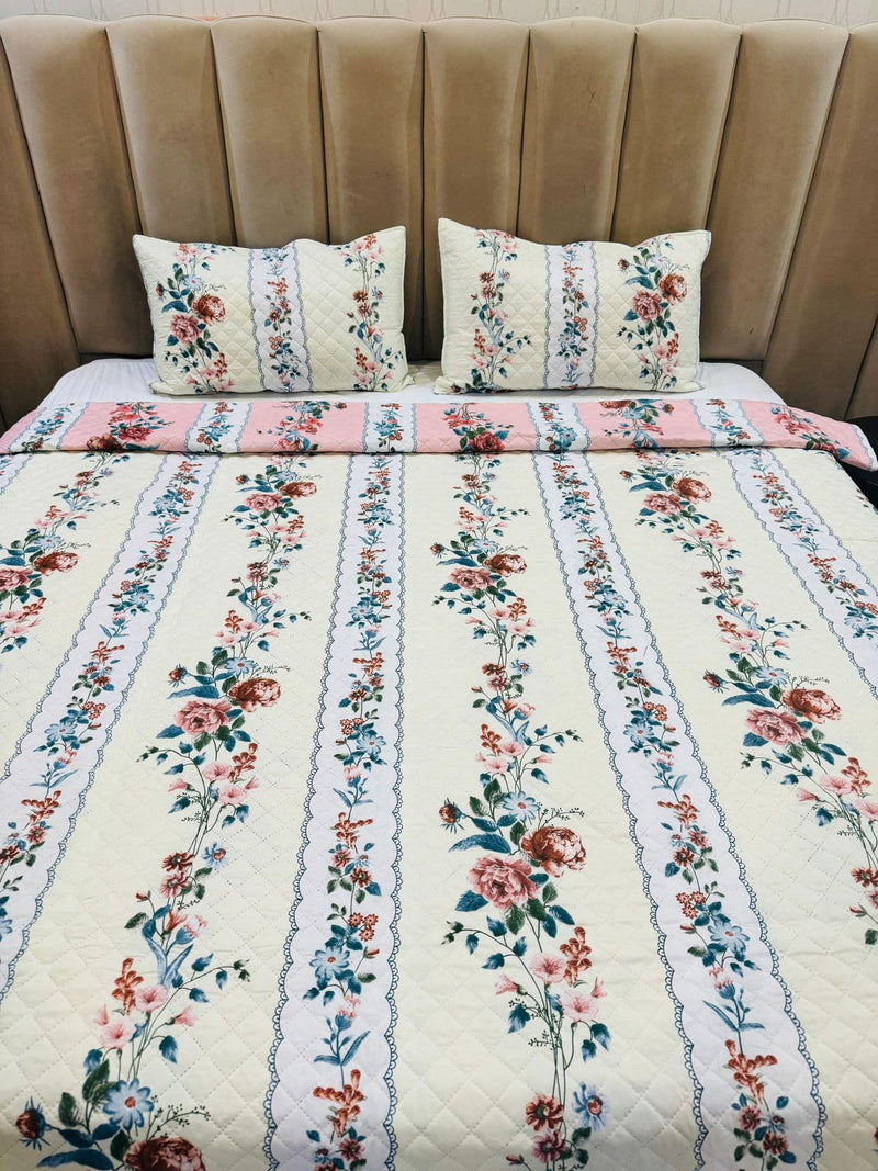 Furnistitchs Cotton Feel Quilted Ultrasonic Bedcover Bedsheet Quilt Bedspread with 2 King Size Pillow Covers 90 x 100 inches / 228 x 248 cms - Decorative Bed Cover Double Bed (Floral Pearl)