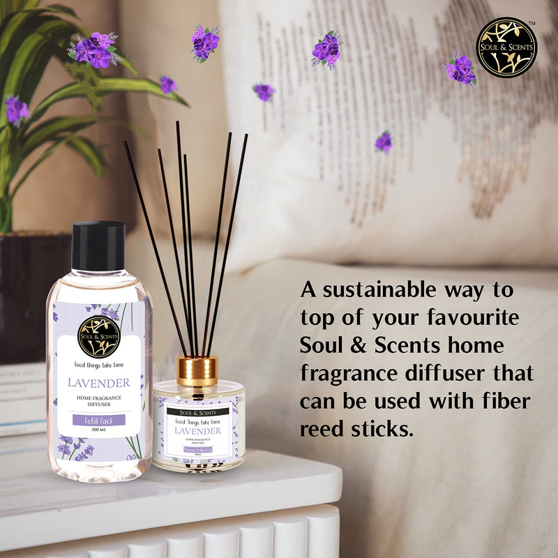 Soul & Scents Reed Diffuser Refill for Lavender Fragrance | Free 12 Fiber Reed Sticks | Long Lasting | Smoke Less Room Freshener for Home, Bedroom, Living Room & Office | 300ml