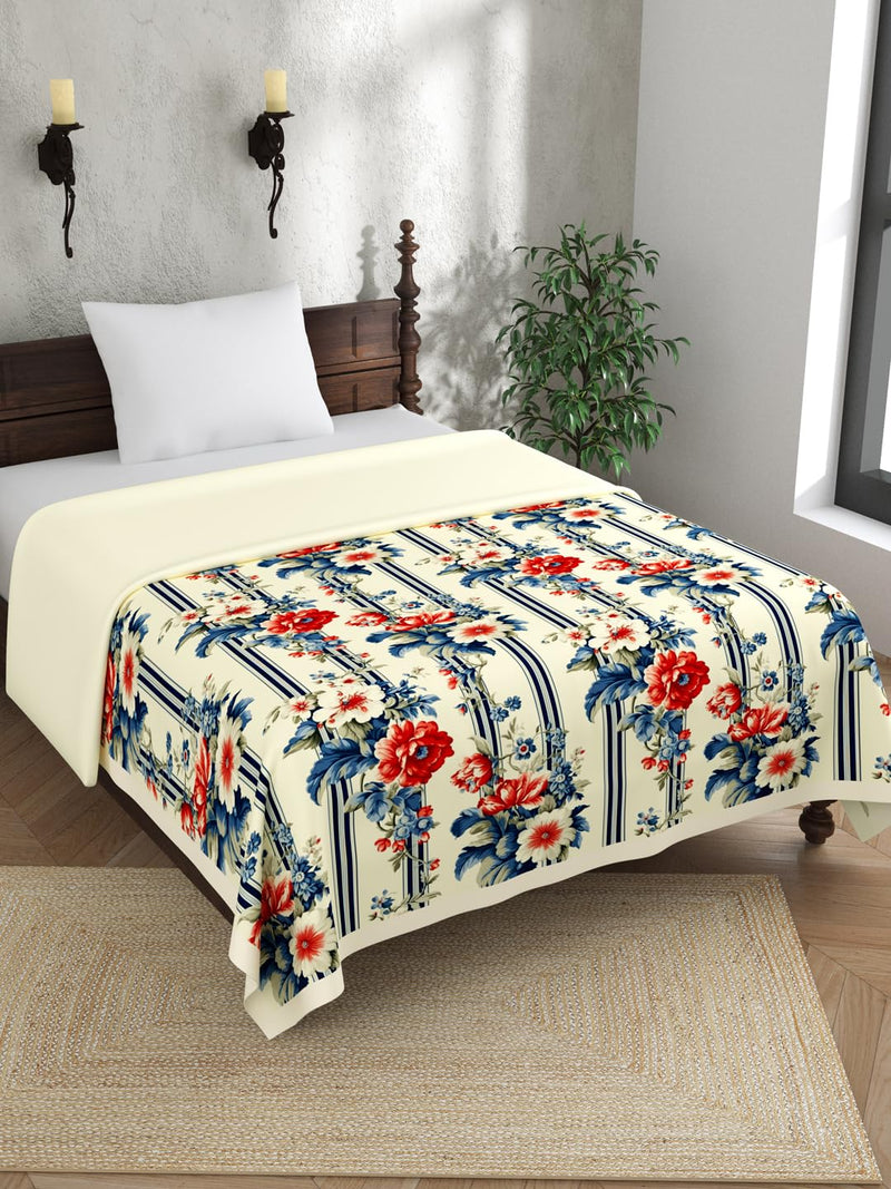 EVER HOME Digital Print Pure Cotton Dohar Single Bed for Summer 120 GSM, Mild Winter AC Blanket, Blue & Red Stripe Floral 59 x 88 inches