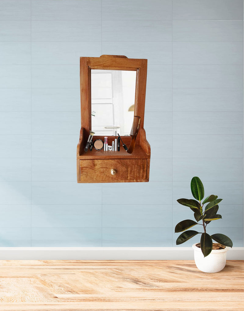 Wooden 1 Drawer Compact Decorative Hanging and Standing Mirror Solid Wood Material