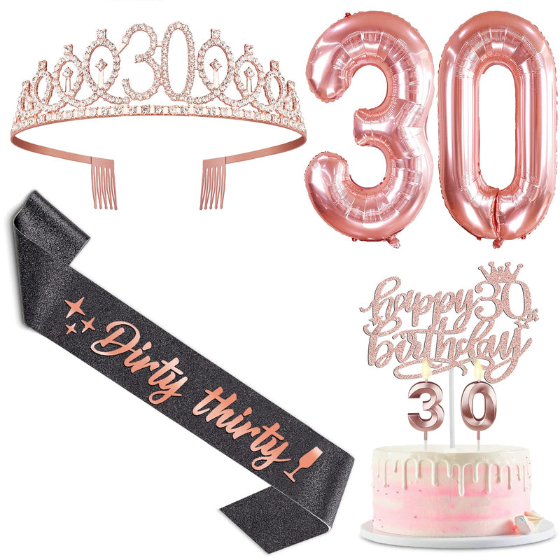 30th Birthday Decorations for Women Black Rose Gold with Glittery Black Dirty 30 Birthday Sash and 30 Tiara, Rose Gold 30th Birthday Candles, Cake Topper and Number 30th Birthday Balloons