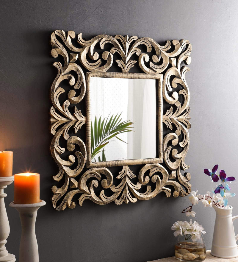 The Urban Store Wood Decorative Hand Crafted Mirror, 24 X Inch (Gold), Square, Wall Mount, Framed