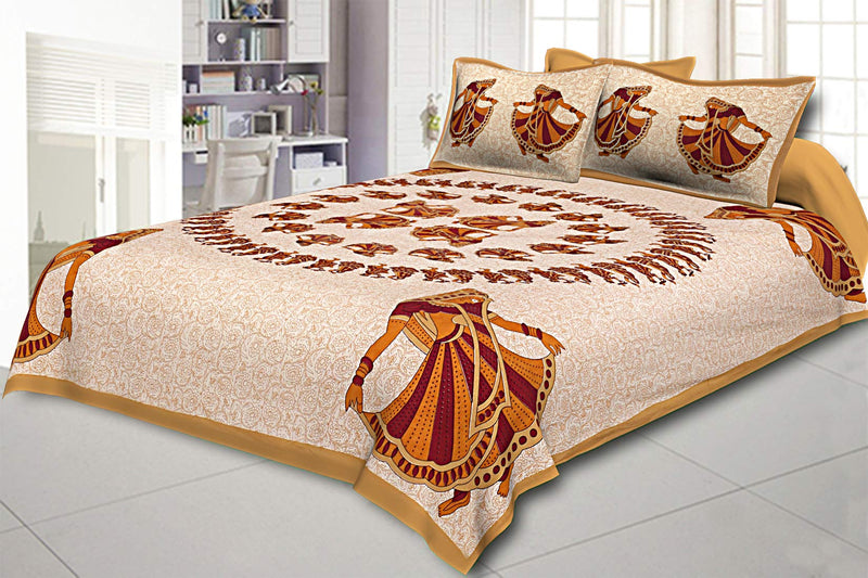 Jaipur Fabric 120 TC Cotton Double Printed Flat Bedsheet (Colour:- Brown)