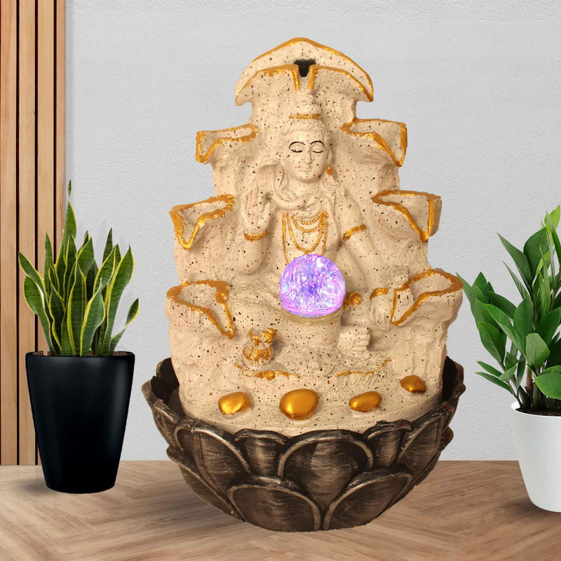 Art N Hub Lord Shiva Tabletop Waterfall Fountain Decorative Gift Items for Home with Crystall Ball LED Light | Home Inauguration Gift Items (27 x 27 x 38 CM | Dotted White Golden)