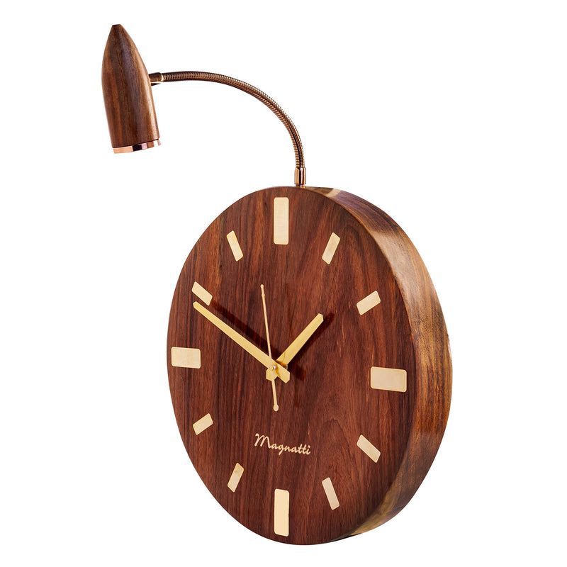 GREEN HOUSE Handmade Sheesham Wood Unique 12X12 Wall Clock With Spotlight/Focus Light Attachment Of 3W In-Built Warm White Led Ft. Rose Gold Plated Metal Spring