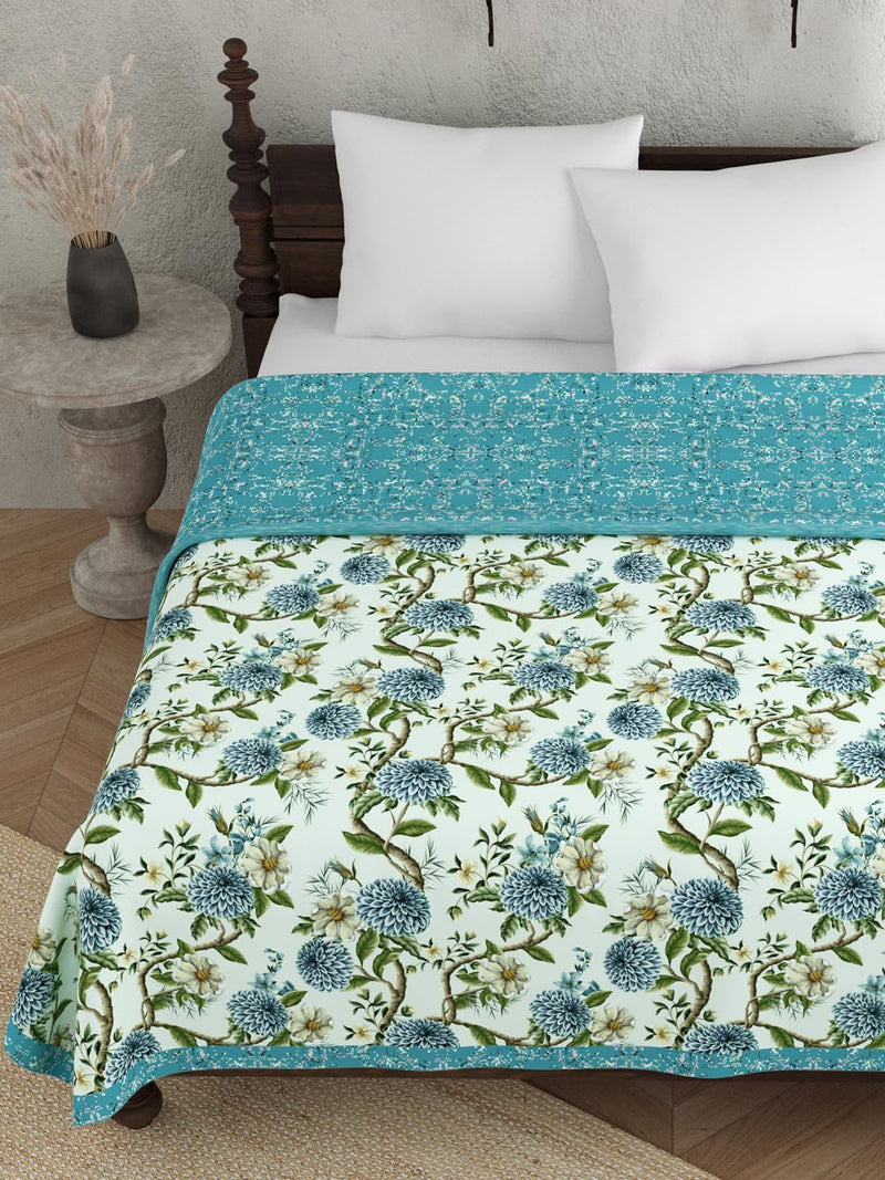 EVER HOME Digital Print Reversible AC Dohar Double Bed Cotton for Summer 120 GSM, Mild Winter Blanket, Blue & Green Floral 88 x 100 inches