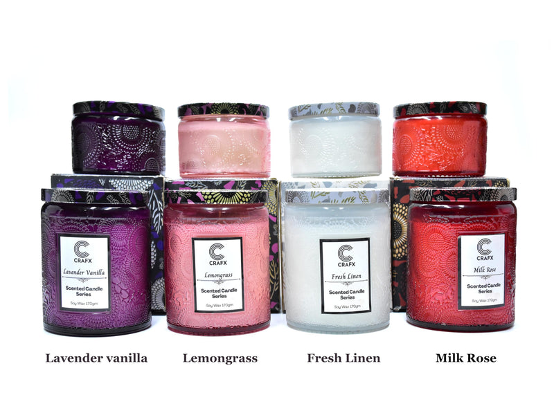 CRAFX Scented Candle with Natural Soy Wax Eco-Friendly Glass Jar Scented Candles Gift Set for home decor, Scented Candle Set of - 2 (Milk Rose 170gm(6oz) | Lavender Vanilla 85gm(3oz))